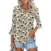 Ivicoer Women's Button Down T Shirts 3/4 Sleeve V-Neck Tops Casual Summer Ladies Tees Ruffle Bell Sleeve Tunic