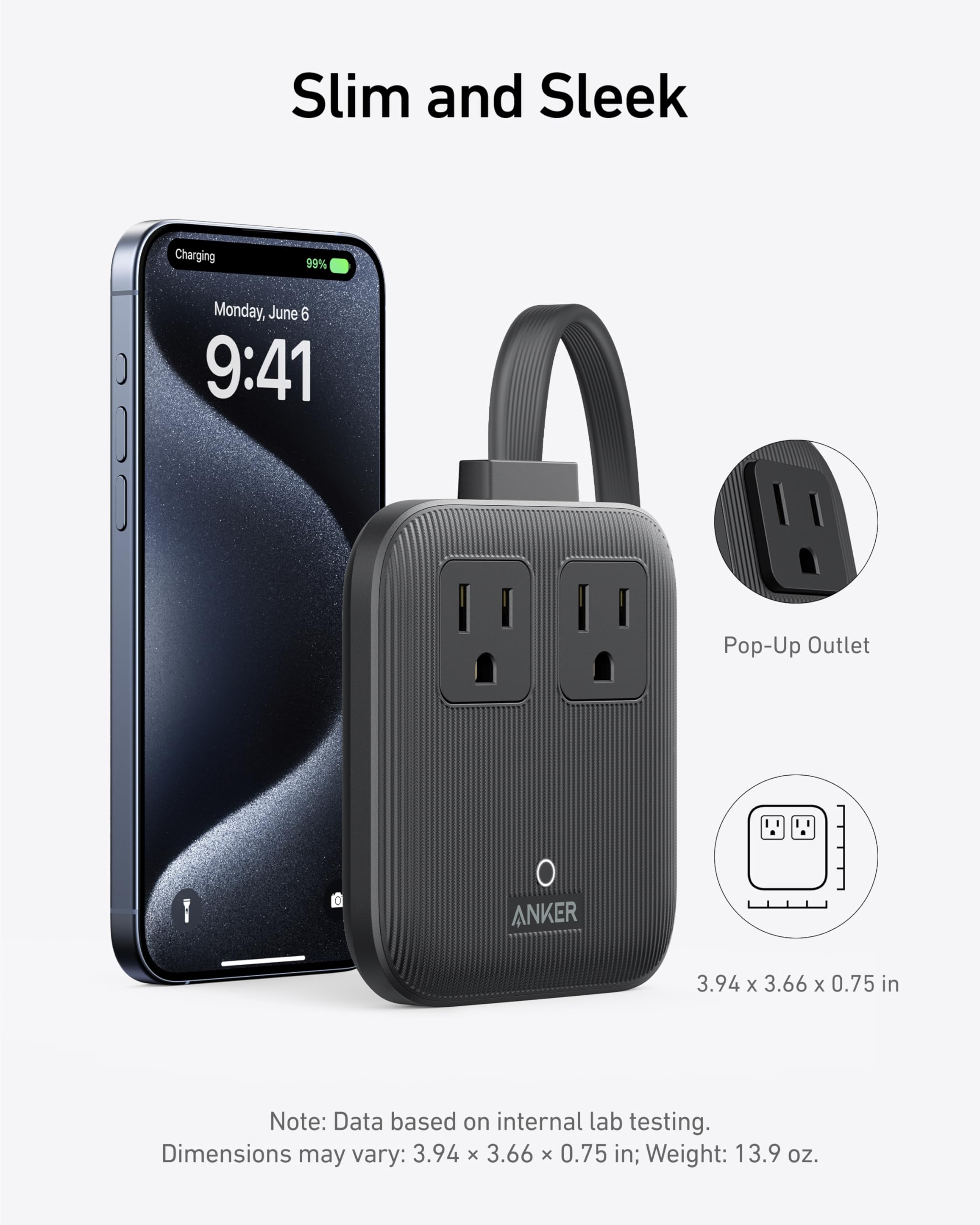 Anker Nano Charging Station(67W Max), 6-in-1 USB-C Power Strip for iPhone 16/15 and MacBook, with Flat Plug and 5ft Thin Undetachable Extension Cord,2 AC,2 USB-A,2 USB-C, for Home&Office