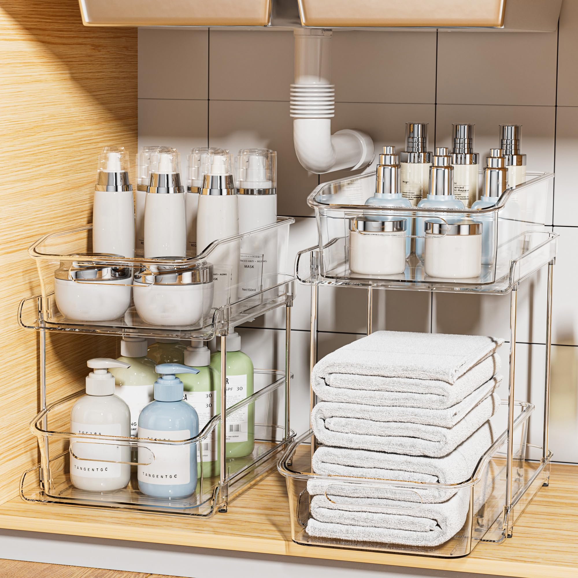 Photo 1 of Delamu 2 Sets of 2-Tier Clear Under Sink Organizers and Storage, Multi-Purpose Stackable Bathroom Cabinet organizers, Pull Out Kitchen Pantry Organization and Storage with Dividers