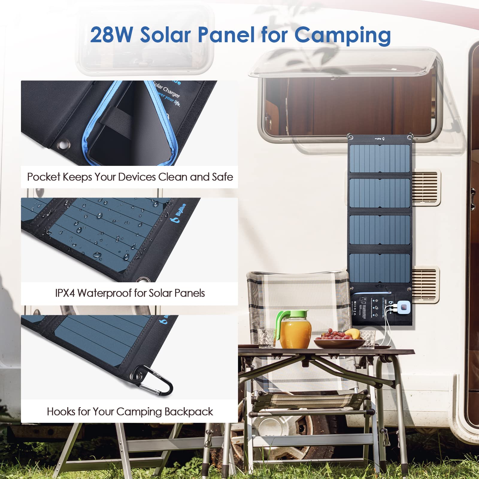 Solar Panels Charger with Digital Ammeter, BigBlue 28W SunPower Camping Solar Panel, Dual USB(5V/4A Overall), IPX4 Waterproof, Compatible with iPhone 13/11/Xs/X/8/7, iPad, Samsung Galaxy, Google Pixel