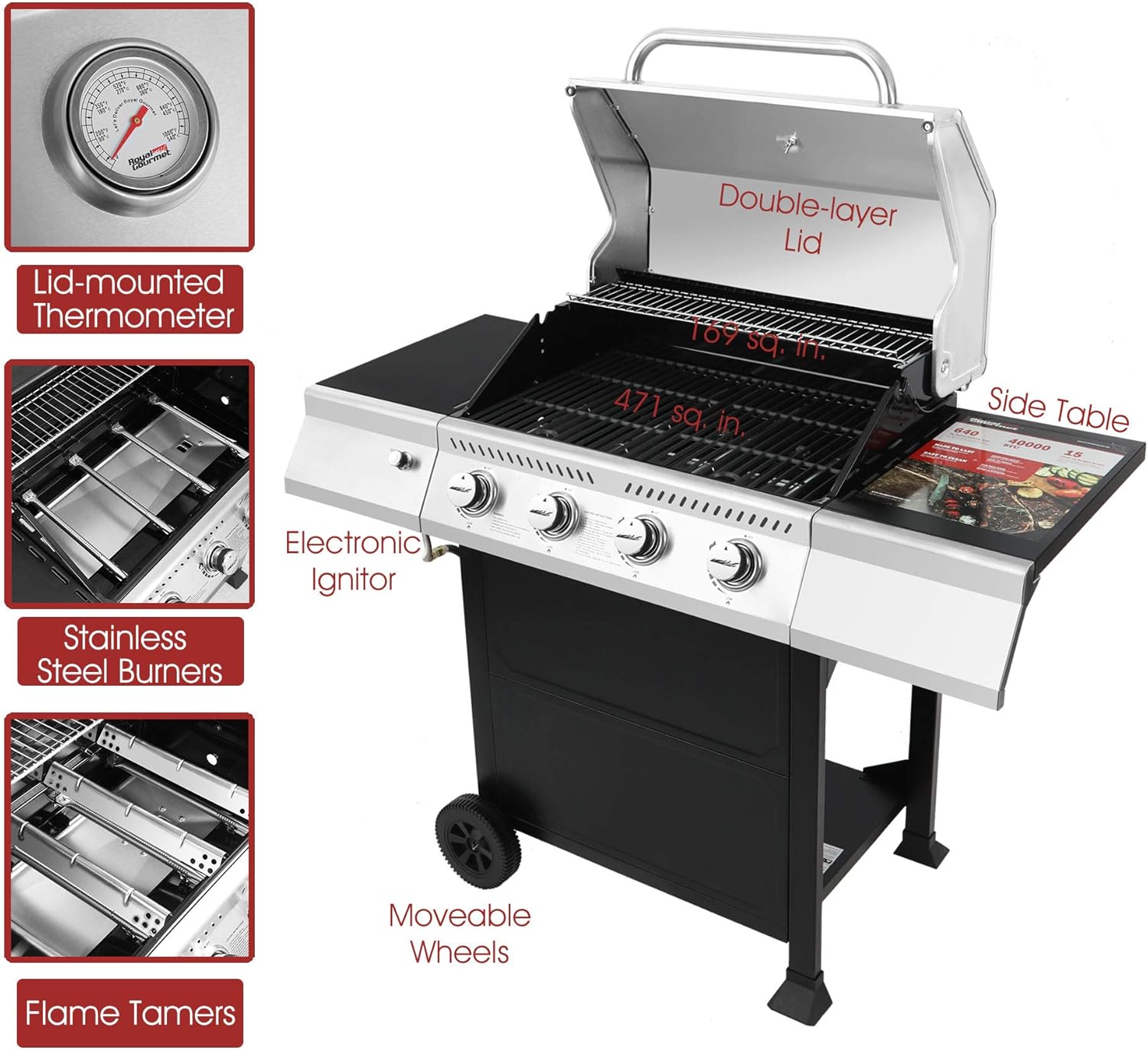 Royal Gourmet GA4400T Stainless Steel 4-Burner BBQ Liquid Propane Gas Grill, 40,000 BTU Cart Style Perfect Patio Garden Picnic Backyard Barbecue Grill with Side Tables: Garden & Outdoor