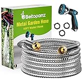 Beitopamz Garden Hose 50 ft, Stainless Steel Metal Water Hose with Nozzle, Flexible and Durable, Rust Proof, No-Kink, Heavy Duty, Leakproof 3/4'' Brass Fittings, Lightweight Hose for Patio, Lawn
