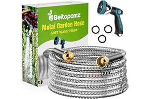 Beitopamz Garden Hose 50 ft, Stainless Steel Metal Water Hose 50 Feet with Nozzle, Flexible, Rust Proof, No-Kink, Heavy Duty, Leakproof 3/4 in Fittings, Lightweight Metal Hose, BT50S Model