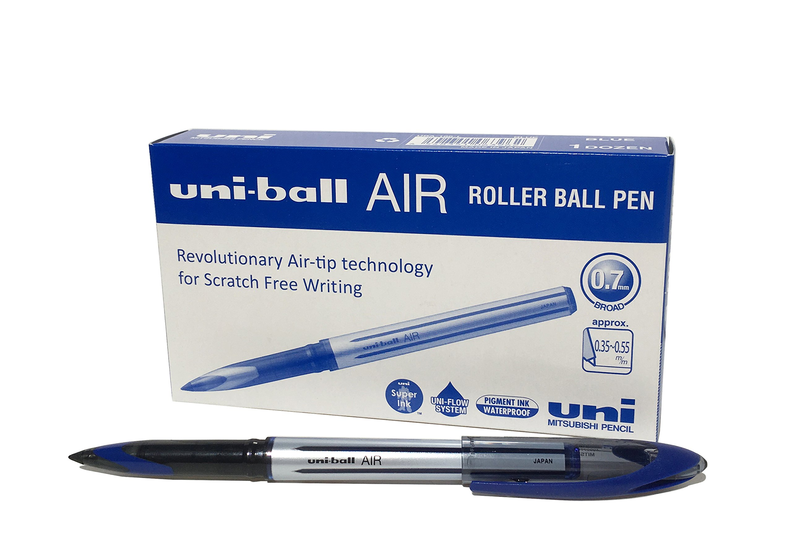 uni-ball UB-188-L Rollerball Pens. Premium 0.7mm Medium Nib for Super Smooth Handwriting. Writes Like a Fountain Pen. Fade and Water Resistant Liquid Uni Super Ink. Box of 12 Blue Ballpoint Pens