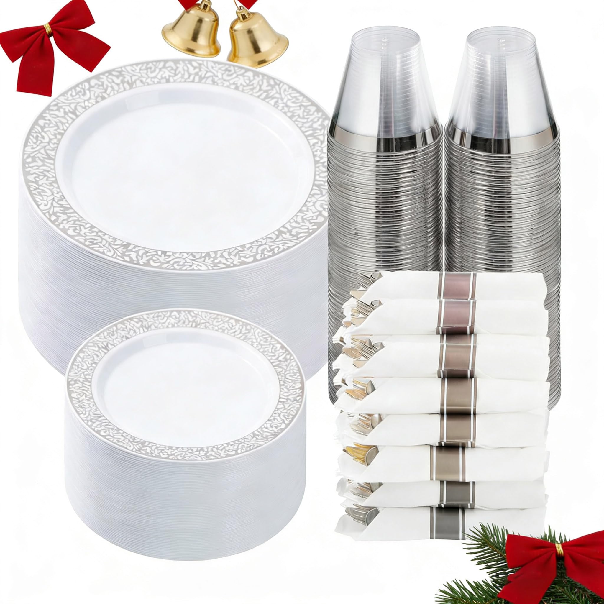 Photo 1 of Goodluck 350pc Silver Plastic Dinnerware Set for 50 Guests - Disposable Lace Plates, Napkins, Silverware & Cups