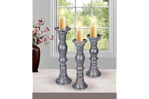 THE WOODEN TOWN Wooden Pillar Candle Holders Set of 3 – Rustic Dark Grey, Heights 16", 14", 12" – Decorative Candle Stands for LED & Pillar Candles – Perfect for Weddings, Parties, Home Decor, Spa & Gifts