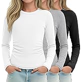 LessonZoo 3 Pack Girls Long Sleeve Shirts Kids Slim Fit Crew Neck Tops Ruched Soft Basic Undershirts Layering Tees 5-14 Years