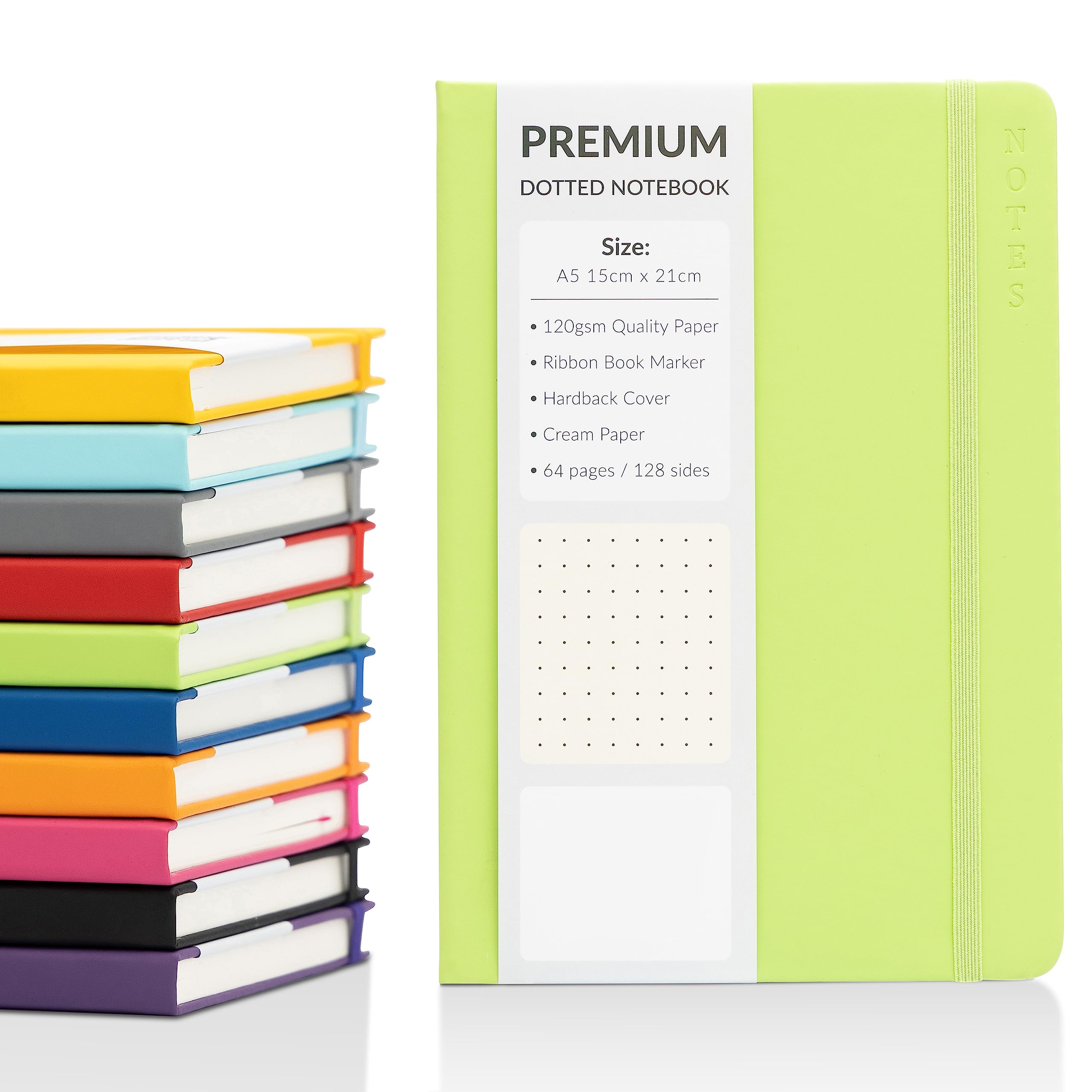 evelay Bullet Journal A5 Dotted Notebook with Faux Leather Hardback Cover and Premium 120gsm Thick Dot Grid Paper (128 Cream Pages, Lime) — image 1