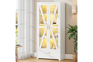 DWVO Display Cabinet with LED Lights, 61" Metal Display Case with Glass Barn Doors for Collectibles, Organizer Cabinet with 3 Adjustable Shelves and Drawer for Living Bedroom, Office, White