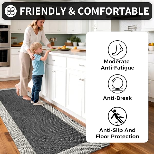 QICAIJIA KITCHEN MATS FOR FLOOR, SUPER ABSORBENT KITCHEN RUGS NON SLIP WASHABLE, SOFT BRAIDED KITCHEN RUNNER RUG, STANDING MAT KITCHEN SINK MAT, EASY TO CLEAN, BLACK 17X59
