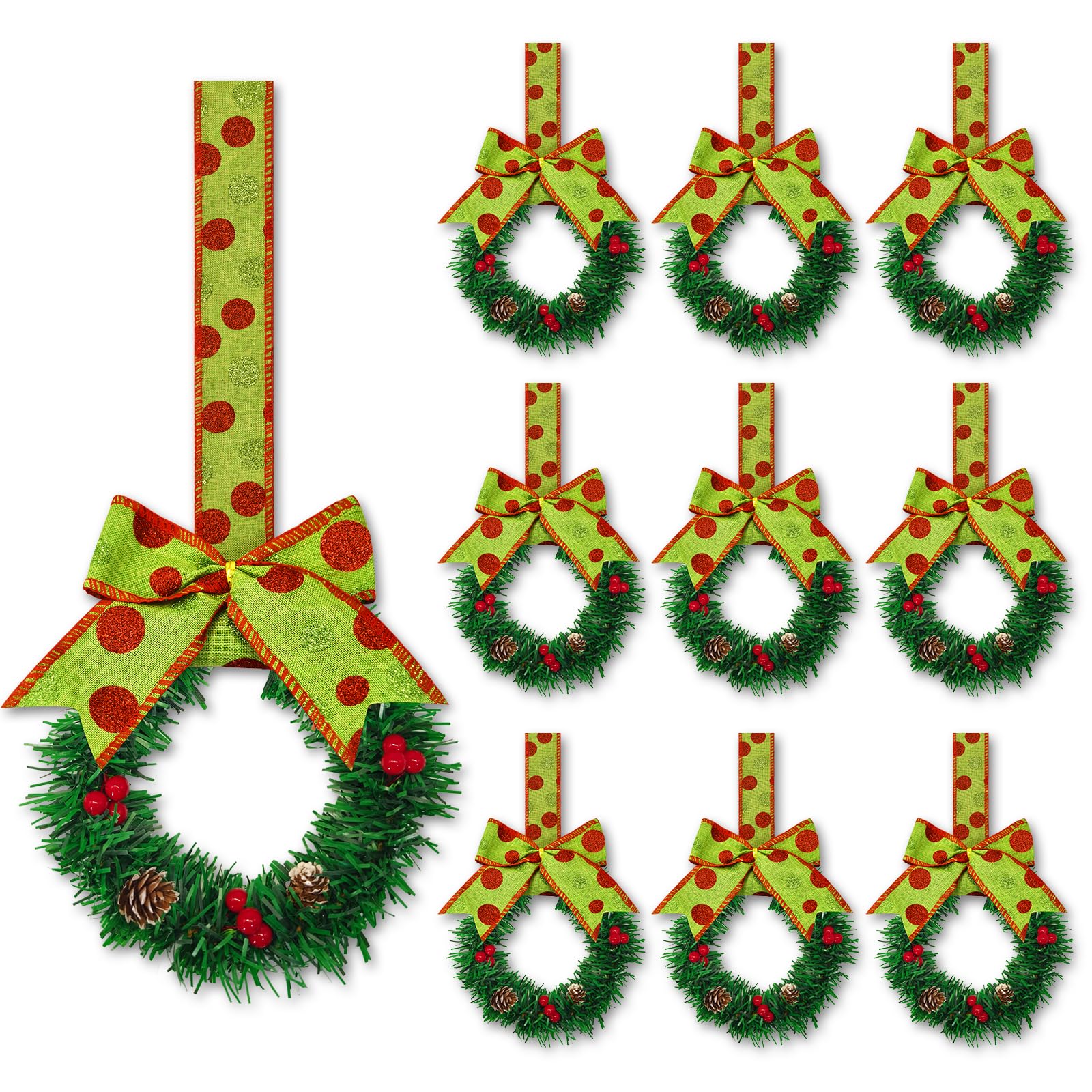 Photo 1 of 10 Pcs 6" Small Christmas Kitchen Cabinet Wreaths with Ribbon Mini Kitchen Cabinet Christmas Decor for Window Door (Green)
