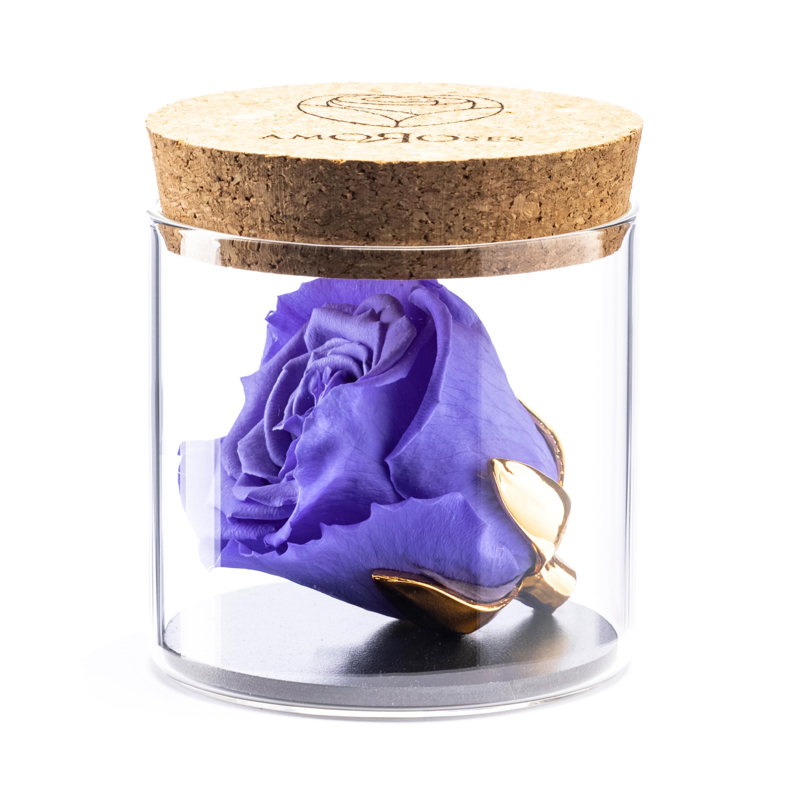 Amoroses Bijou - Eternal Stabilised Rose with 24K Gold Plated Calyx in Glass Jar | Gift Idea (Violet Rose)