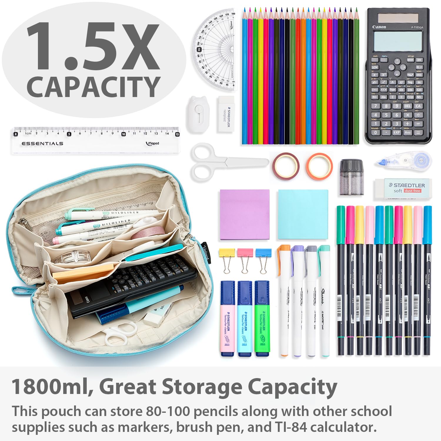 SPACEMATE Pencil Case Pouch Bag School Supplies for Girls and Boys, Large Big Capacity Aesthetic Pen Case, Multi Compartment Zipper Stationery Bag for Women Men Adults, Light Blue, 1800ml