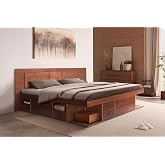 memomad Bali King Size Slim Set: Storage Platform Bed with Drawers and Compartments + Wall Mounted Headboard, Solid Pine Wood Furniture with Underbed Storage, No Box Spring Needed, Caramel Brown