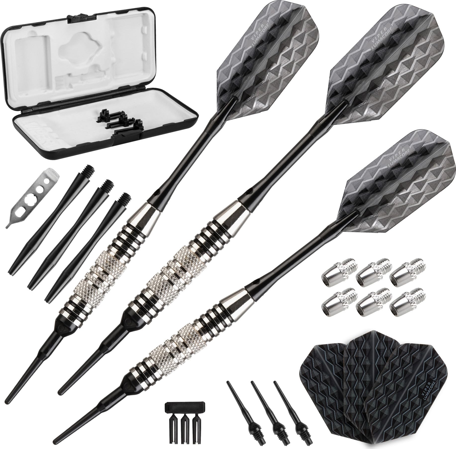 Viper Bobcat Adjustable Weight Soft Tip Darts with Storage/Travel Case: Nickel Silver Plated, Black Rings, 16-19 Grams — image 1