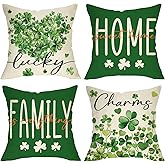 Fjfz St Patricks Day Decorative Throw Pillow Covers 18 x 18 Set of 4, Lucky Charms Shamrock Clover Love Heart Porch Outdoor Decor, Irish Spring Home Sweet Home Sofa Couch Cushion Case