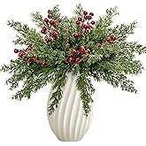 ComfyKit 45Pcs Artificial Pine Branches with Red Berry Stems,Christmas Faux Green Cedar Sprigs Branches,Fake Greenery Pine Needles for Wreaths,Garlands,Craft DIY,and Xmas Decorations