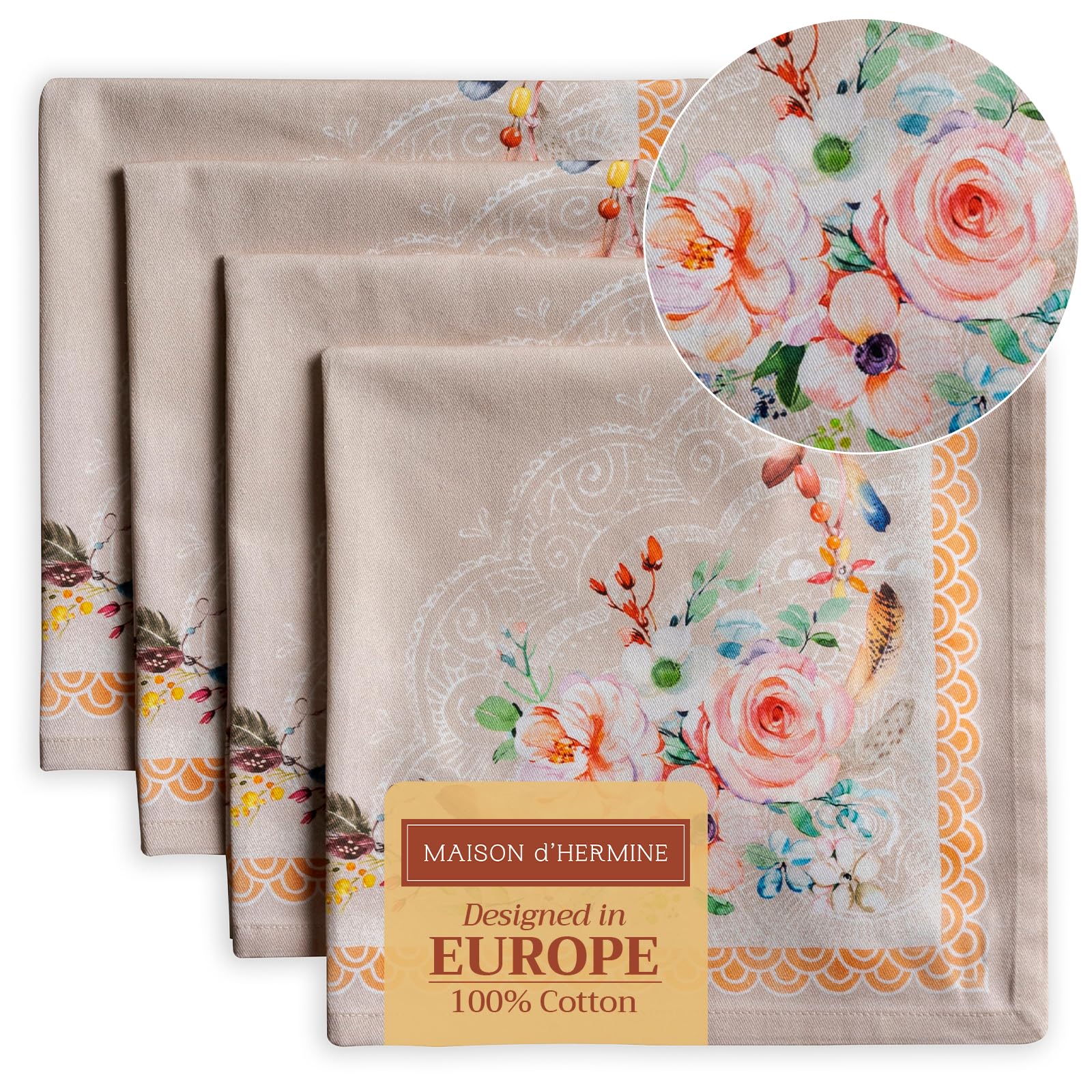 Maison d' Hermine Cloth Napkins Set of 4 100% Cotton Everyday Reusable Square Napkins Cloth Washable Dinner Party Wedding Restaurant Gifts for Mothers Day (Ibiza - Beige, 45 CM x 45 CM)