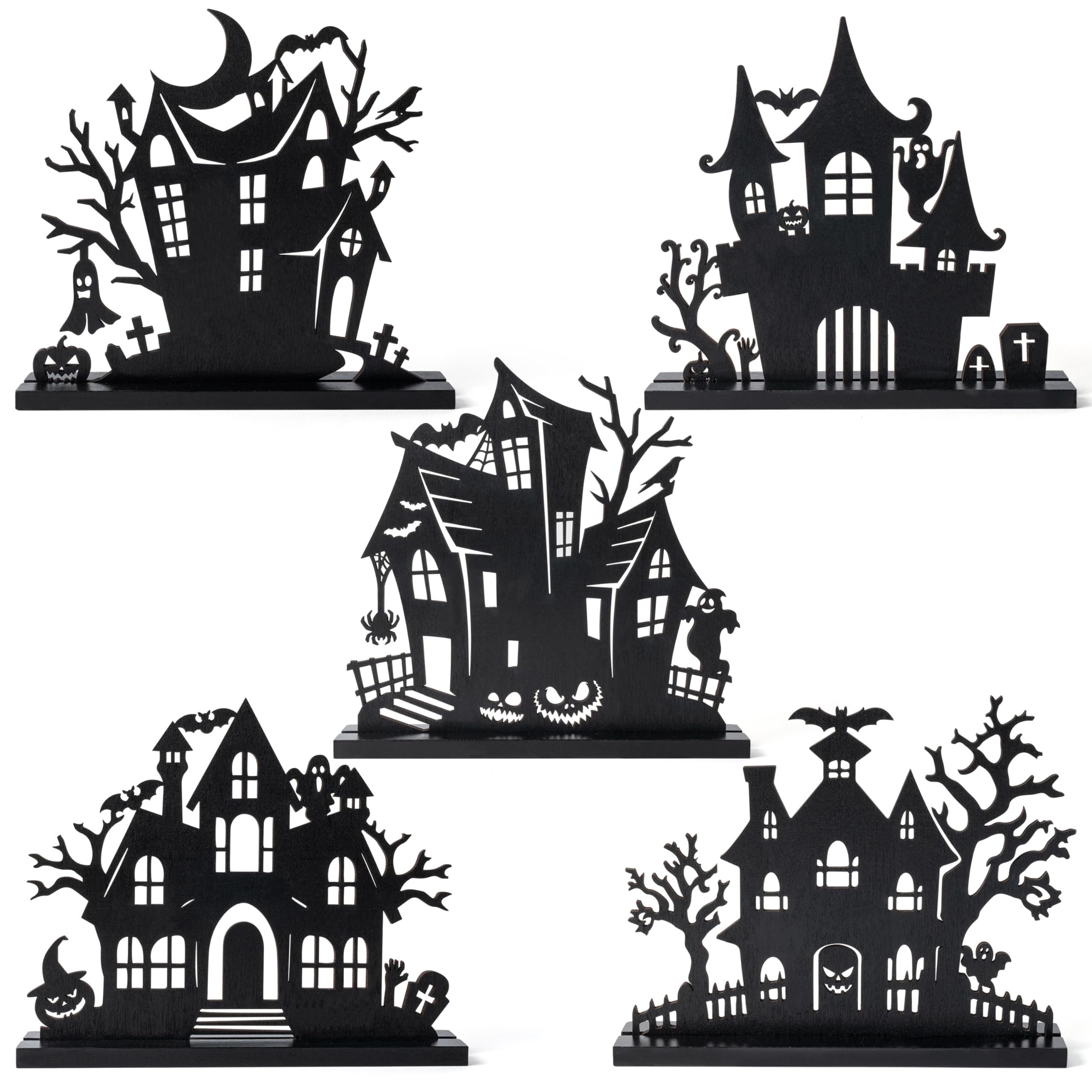 Photo 1 of WATINC Halloween Wooden Centerpiece Decorations - 5Pcs Silhouette Haunted House Wood Tabletop Decor, Black Sketch Ghost Pumpkin Boo Detachable Tiered Tray Signs Tables Topper for Home Kitchen Party