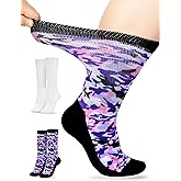 Artdear Diabetic Socks for Men & Women - 2 Pairs Non Binding Extra Wide Colorful Crew Socks for Swollen Feet Seamless Toe Loose Fit (White & Pink Camo, X-Large)