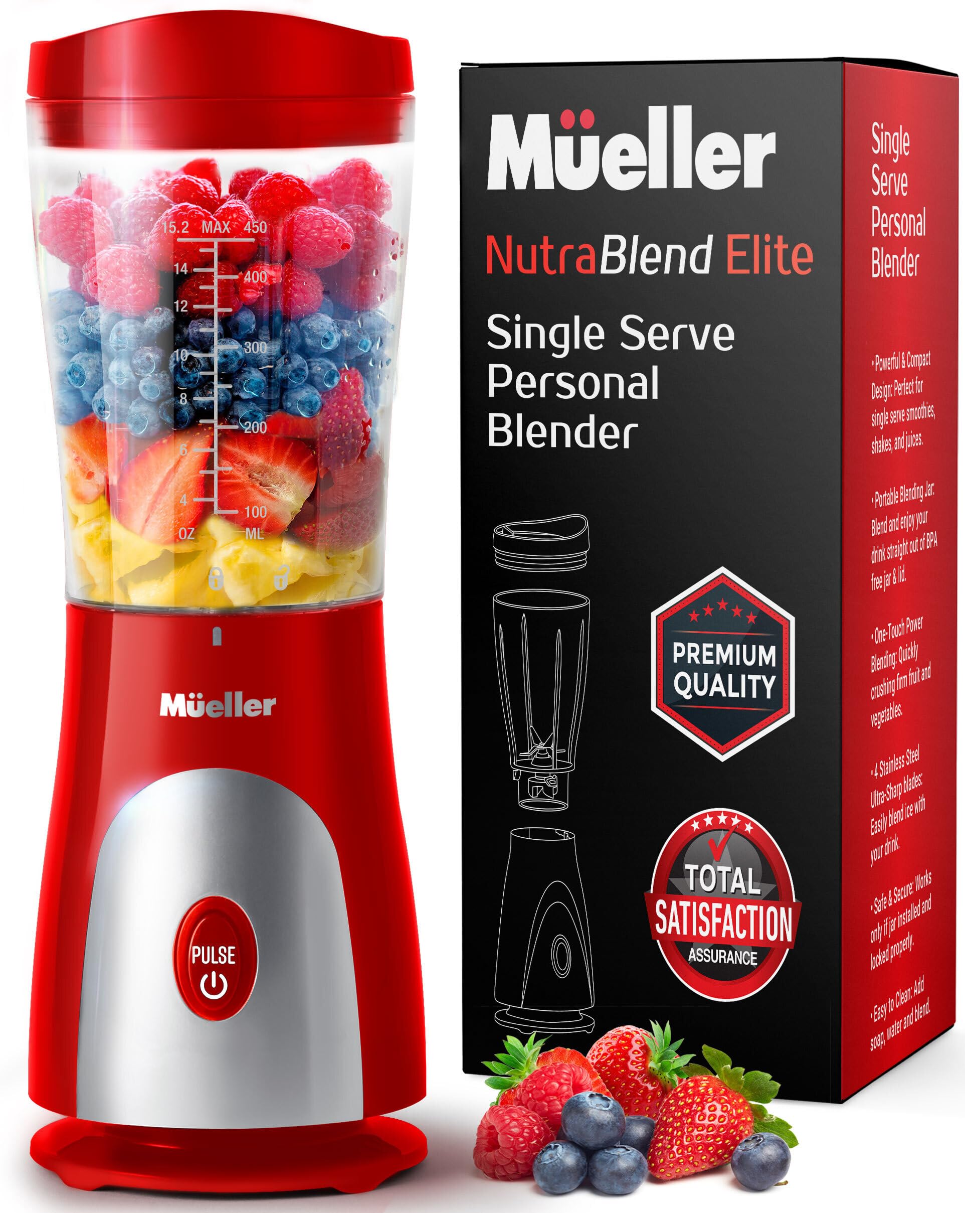 Mueller Personal Blender for Shakes and Smoothies with 15 Oz Travel Cup and Lid, Juices, Baby Food, Heavy-Duty Portable Blender & Food Processor, Red