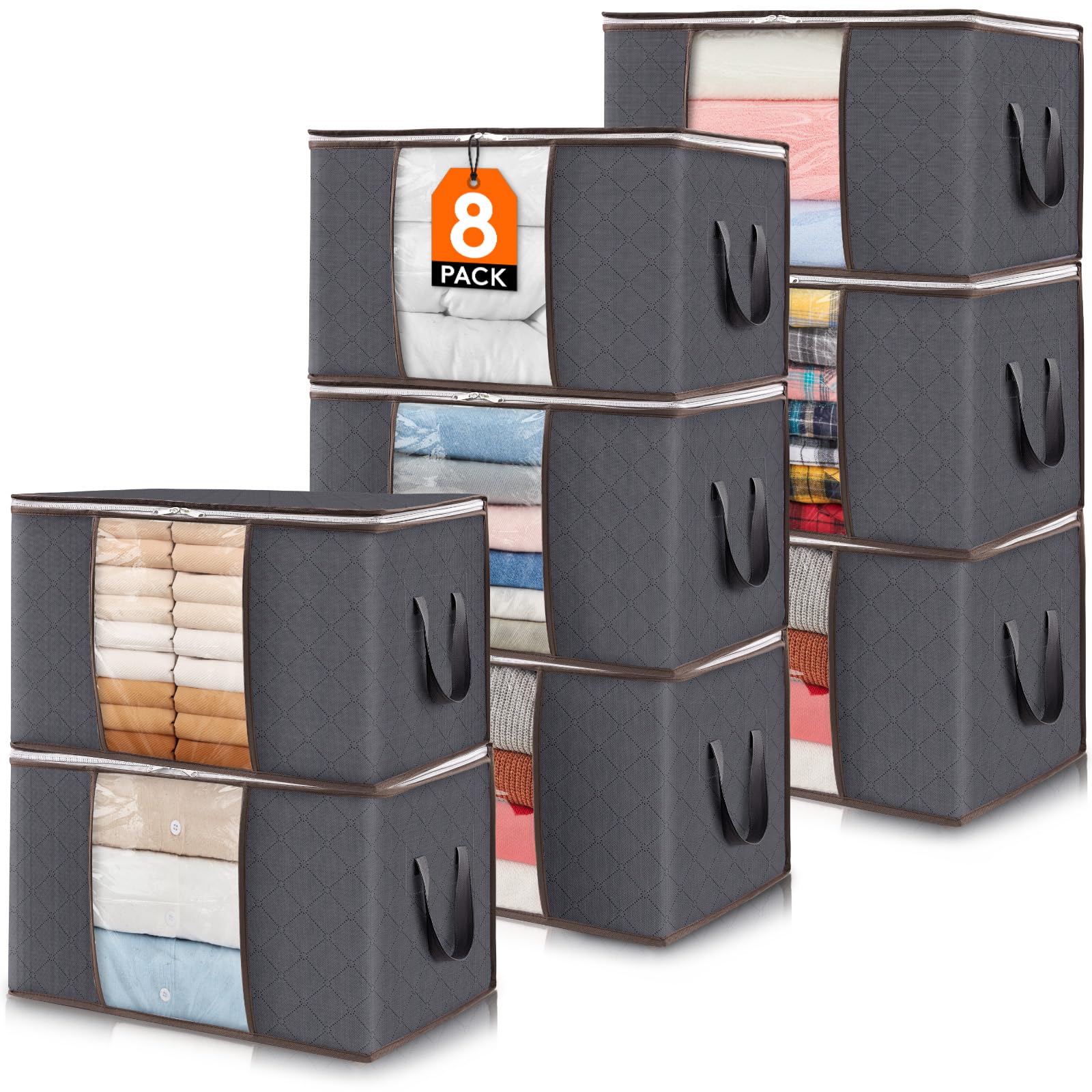 Lifewit 8 Pack Clothes Storage Bags, Foldable Storage Box Moving Bags Wardrobe Storage Organiser Packing Boxes for Moving House with Clear Window for Clothing Bedding Blankets, Grey