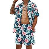 Poekuao Men's Hawaiian Matching Set Summer Beach Outfits 2 Piece Flower Tropical Short Sleeve Cuban Shirts and Shorts Suits