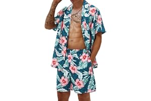 Poekuao Men's Hawaiian Matching Set Summer Beach Outfits 2 Piece Flower Tropical Short Sleeve Cuban Shirts and Shorts Suits
