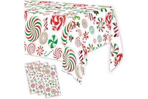 Gifloon 3 Pack Christmas Tablecloth Disposable, Candy Cane Table Cloth for Xmas Party Decorations, Plastic Table Cover for Rectangle Tables Supplies, 54 x 108 Inch