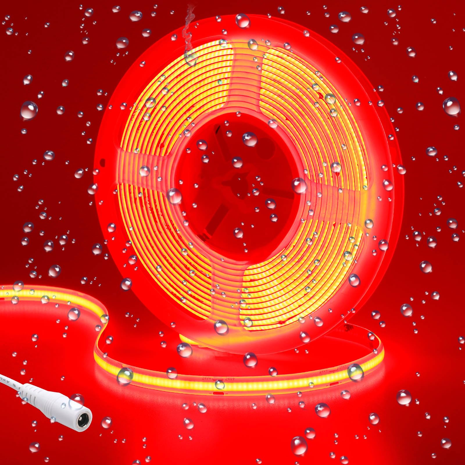GOMING 16.4ft(5M) DC 24V Red COB LED Strip Light IP65 Waterproof 2400LEDs Uniform Glow Dotless Flexible LED Tape Lights for DIY Garden Backyard Hallways Stairs Decoration(No Power Supply)