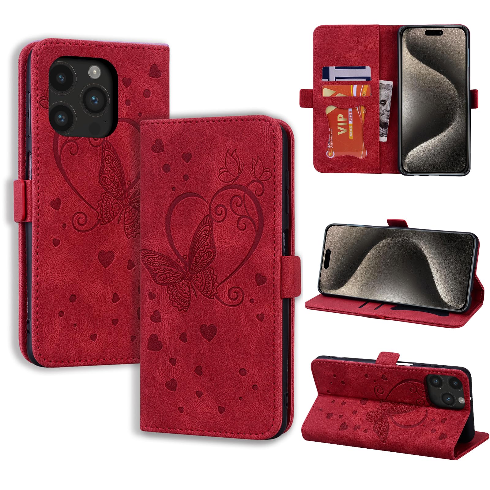 CASAFUNY Mobile Phone Case for iPhone 15 Pro Max Case, PU Leather Case Cover with Card Slot Flip Case Magnetic Flip Case Protective Cover for iPhone 15 Pro Max 6.7 Inch 2023, Red