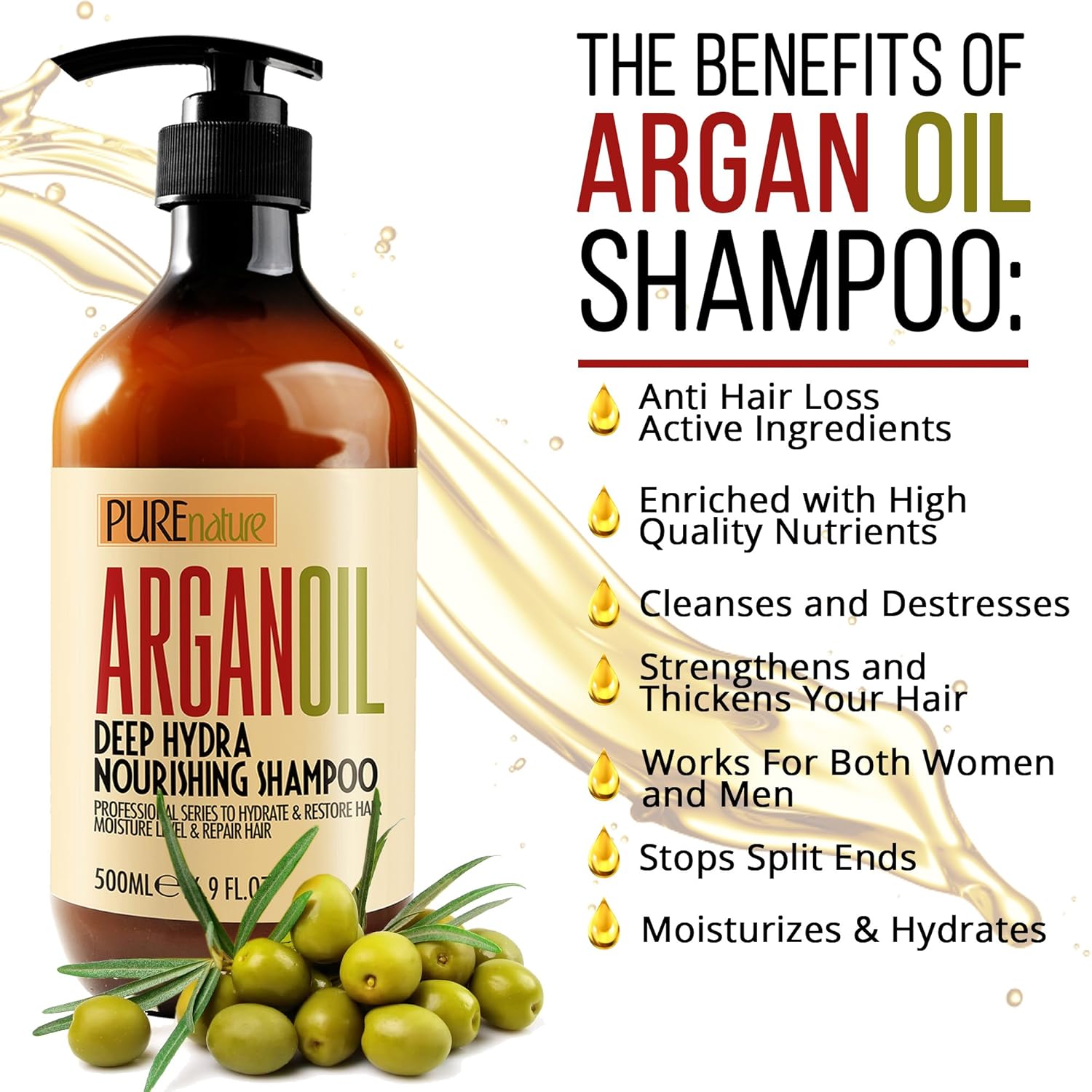Moroccan Argan Oil Shampoo SLS Free Sulfate Free, for Damaged, Dry, Curly or Frizzy Hair - Thickening for Fine / Thin Hair, Good for Color and Keratin Treated Hair : Beauty