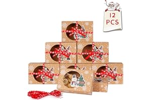 OurWarm 12pcs Christmas Cookie Gift Boxes Treat Boxes for Holiday Gift Giving and Christmas Party Supplies, Christmas Kraft Paper Food Bakery Boxes with Clear Window, Oilpaper and Ribbons