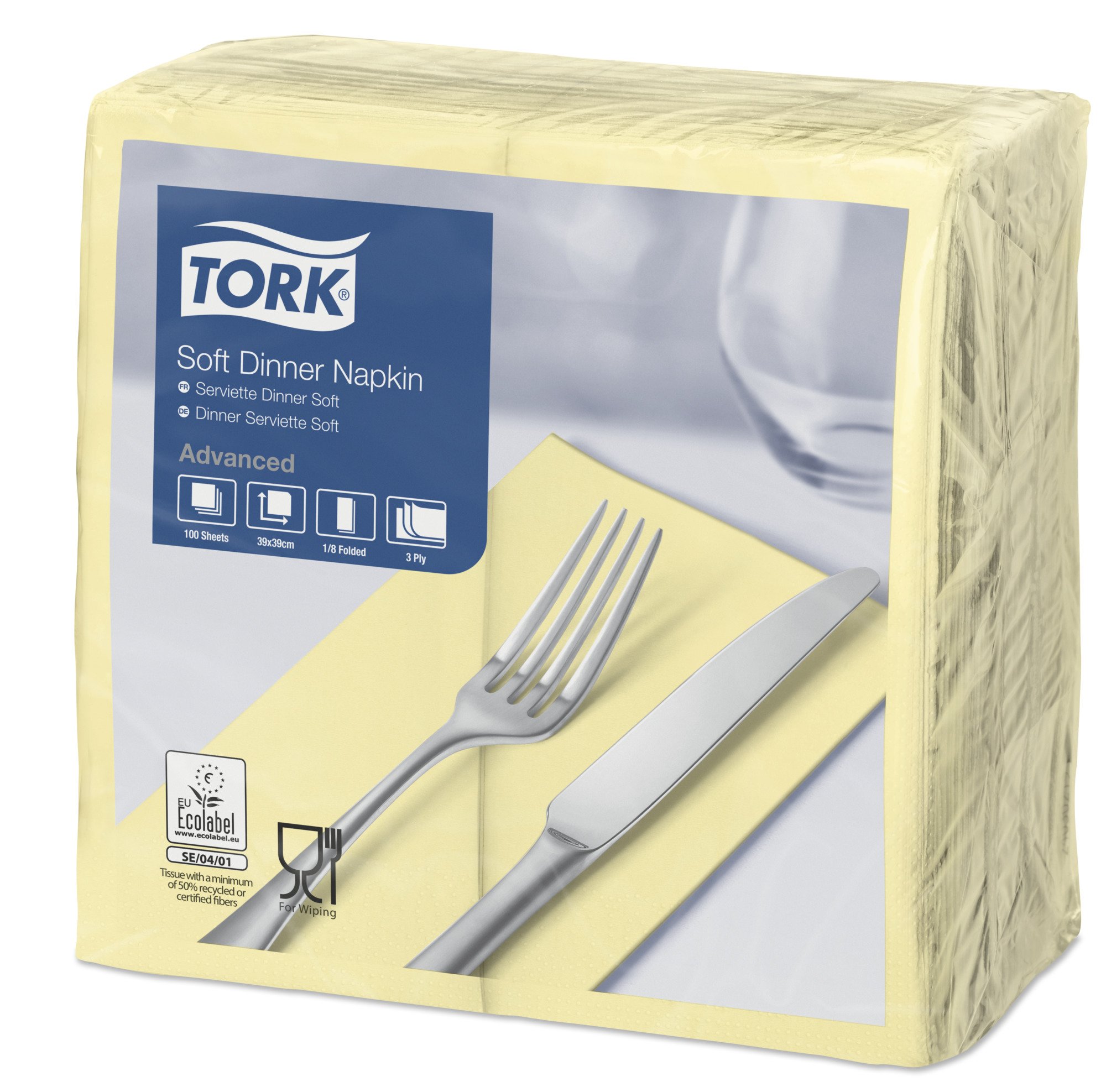SCA Tork 477615 Soft Dinner Napkin, 3 Ply, 1/8 Fold, 39 cm x 39 cm (Pack of 1200)