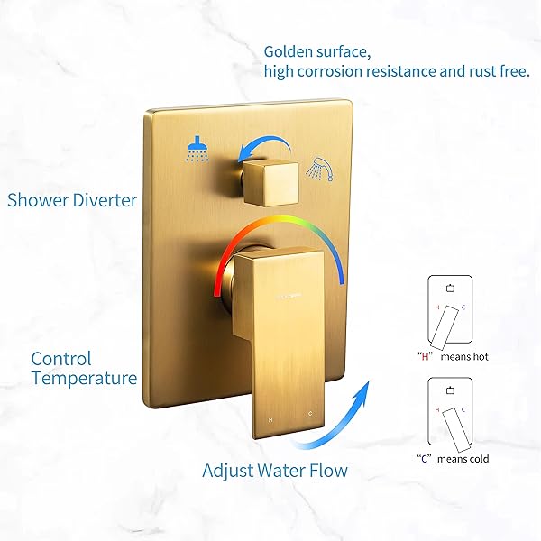 CASTA DIVA BRUSHED GOLD RAIN SHOWER HEAD SYSTEM WITH HANDHELD SPRAY COMBO, SHOWER DIVERTER AND BRASS VALVE TRIM KIT, FAUCET SET, WALL MOUNTED, SQUARE