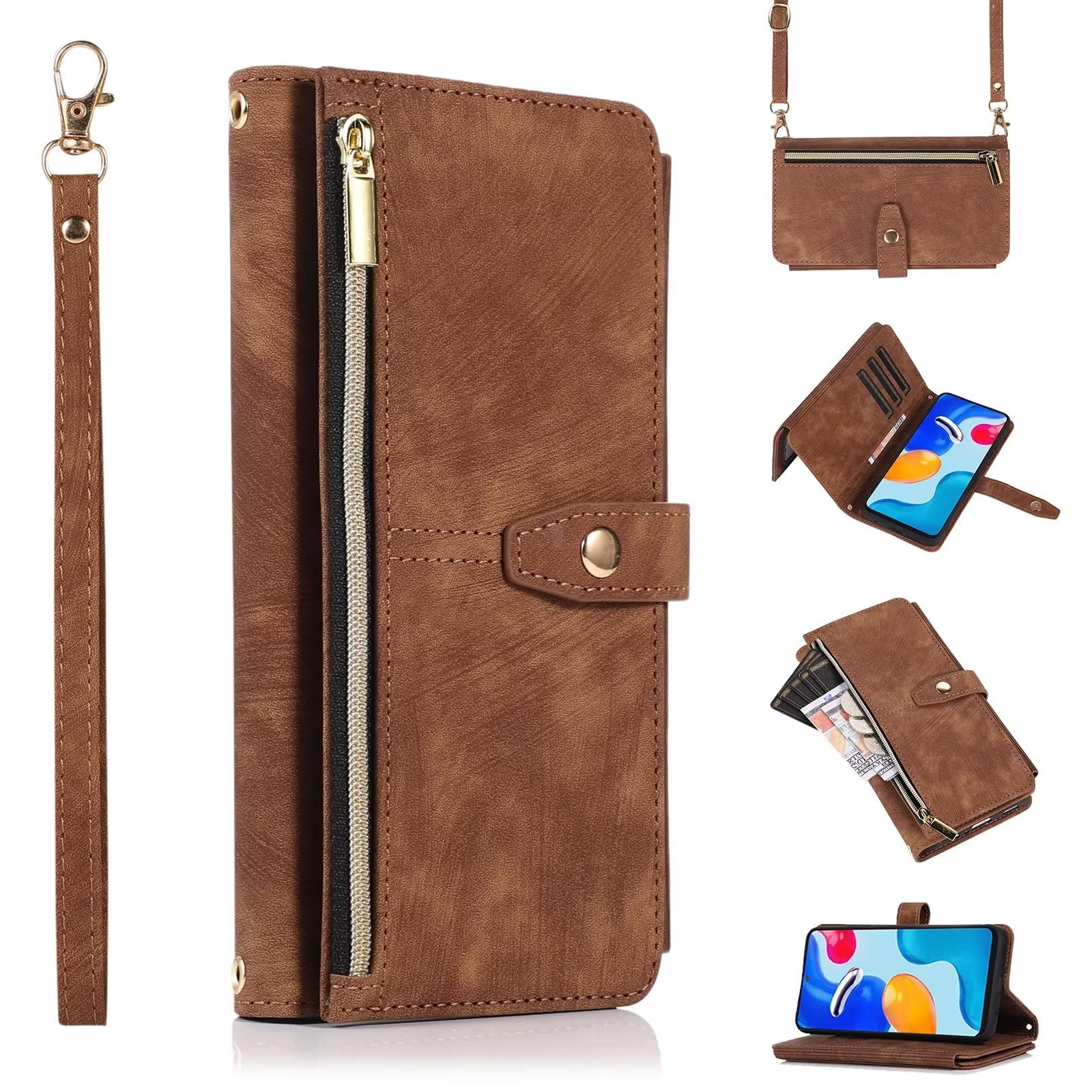 ESONG Case for iPhone 14 PLUS,PU Leather Zipper Wallet Flip Magnetic Full Protection Shockproof Cover,iPhone 14 PLUS Crossbody phone Case for Women[9 Card Slot/2 Coin Pouch/Kickstand],Brown