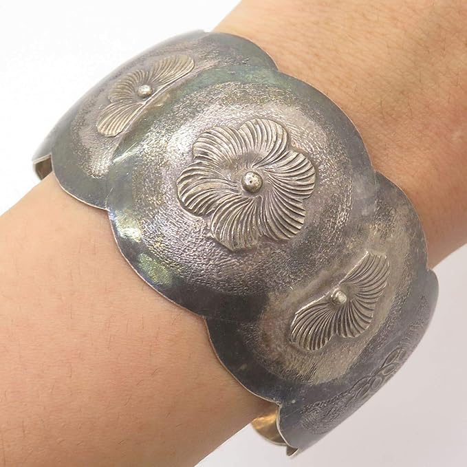 VTG Trinidad 925 Sterling Silver Floral Wide Cuff Bracelet