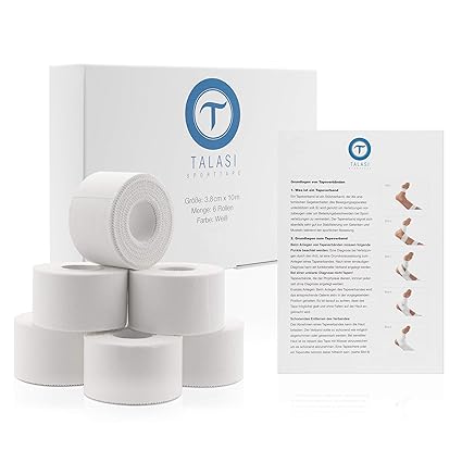 Talasi Sporttape Set in Weiß - 6 Rollen zu je 3,8cm x 10m aus 100% Baumwolle - Tapeverband für Sportler inkl. Flyer mit Anlei