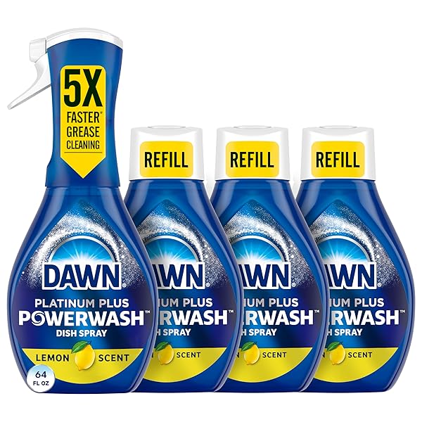 DAWN POWERWASH SPRAY, DISH SOAP, DISHWASHING LIQUID, CLEANING SUPPLIES, LEMON, 1 STARTER KIT + 3 REFILLS, 4 UNITS OF 16OZ (64OZ)