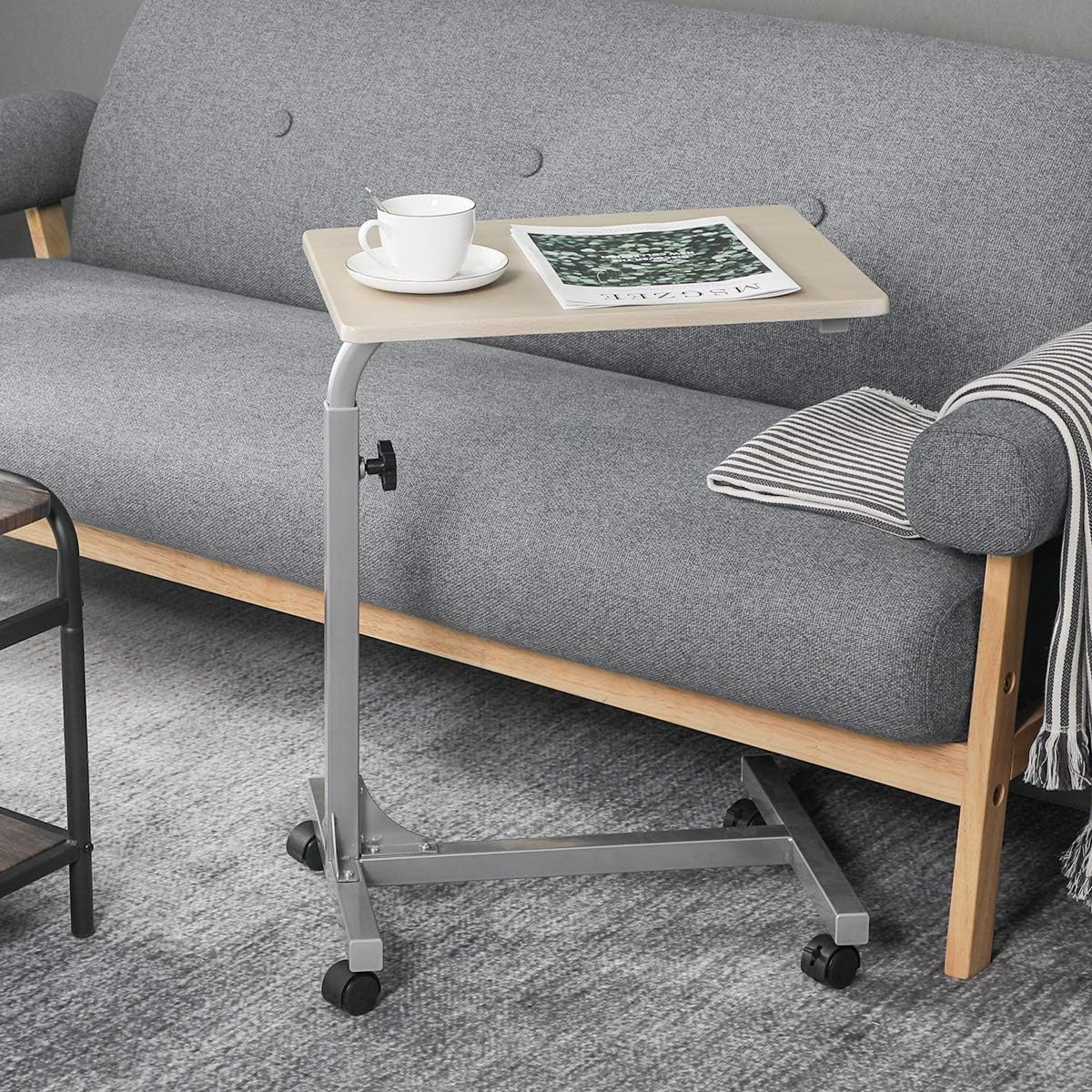 Over Bed Table C Sofa Side Medical Table with Lockable Wheels, 3 Height Adjustable Food Table Tray, Multi-Purpose Portable Rolling Desk Wood (18.9x14.7x26.4-31.1 inch): Kitchen & Dining