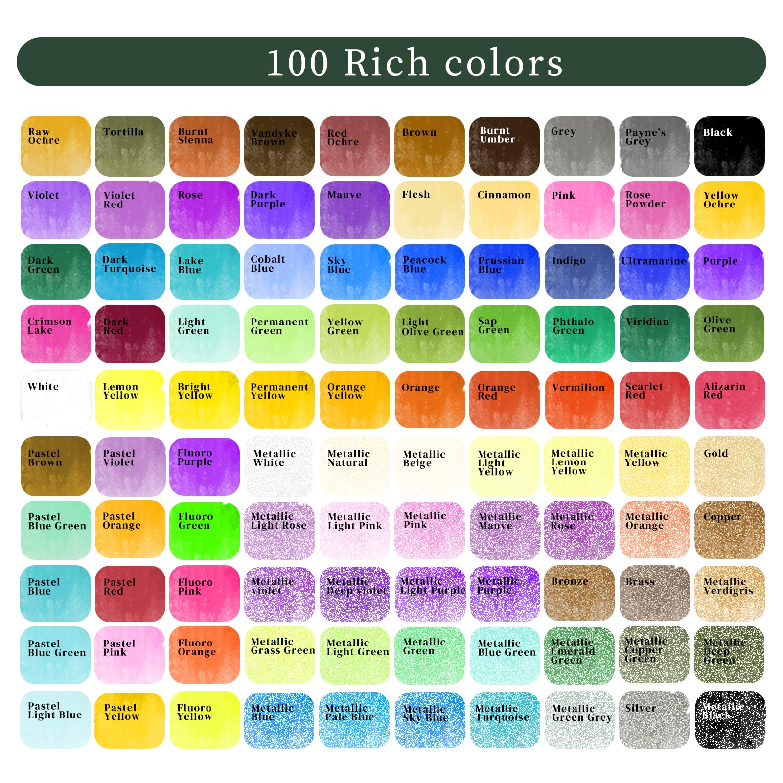 Artecho Watercolor Paint Set 100 Colors with Metallic in Portable Box, Paint Kit with Watercolor Papers and Brushes, Water Color Set for Beginners & Professionals