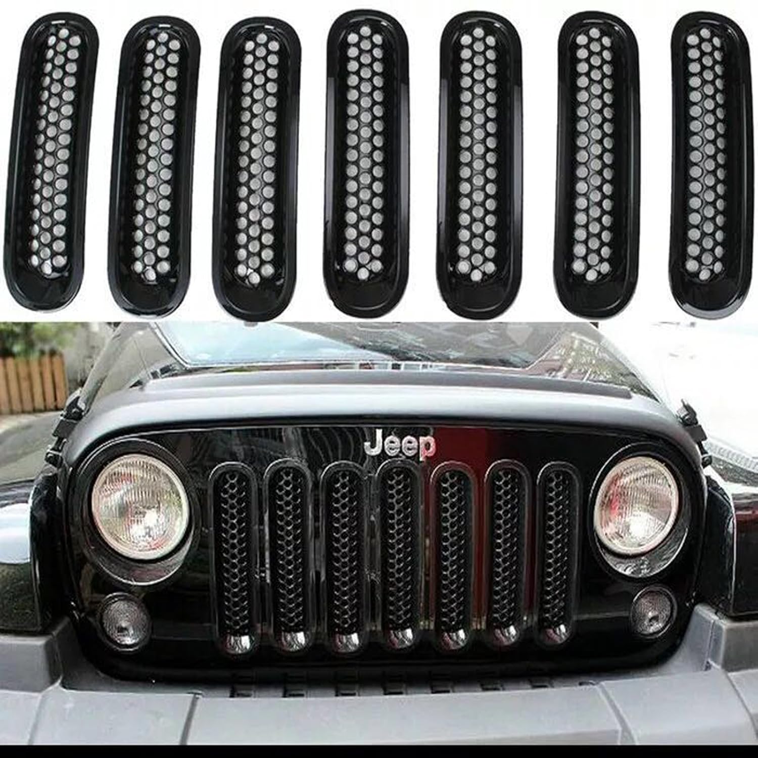 Parti per auto 【7PCS】 Black Jeep Wrangler Front Grill Mesh Grille Insert Kit Inserts Guard 2007