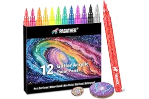 PAGATHER 12 Colors Glitter Markers, 0.7mm Extra Fine Tip Sparkling Acrylic Paint Pens for Crafts, Adult Coloring, and DIY Projects on Paper, Rock, Wood, Glass and Fabric