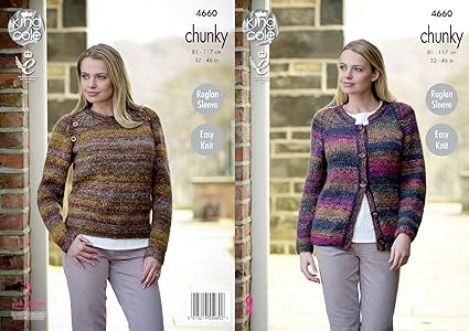 King Cole Womens Chunky Knitting Pattern Ladies Easy Knit Raglan Sleeve Cardigan Sweater 4660 King Cole Womens Chunky Knitting Pattern Ladies Easy Knit Raglan Sleeve Cardigan Sweater 4660