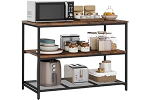 Homleke 39.4" L Kitchen Island with 3 Shelves, Kitchen Shelf with Large Workstation, Bakers Rack, Workbench, Metal Frame, Rustic Brown and Black