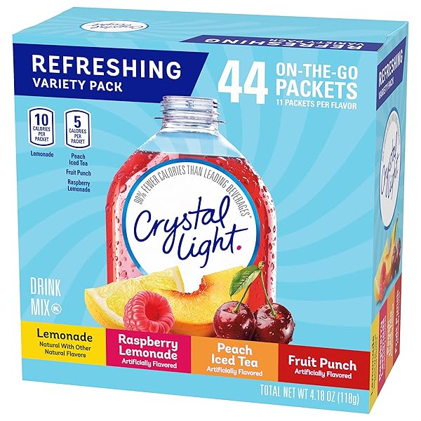 CRYSTAL LIGHT REFRESHING DRINK MIX VARIETY PACK, 44 PACKETS, FOR CONVENIENT HYDRATION, LEMONADE, RASPBERRY LEMONADE, PEACH ICED TEA, FRUIT PUNCH, NATURAL AND ARTIFICIAL FLAVOR, ZERO SUGAR, 4.18 OZ