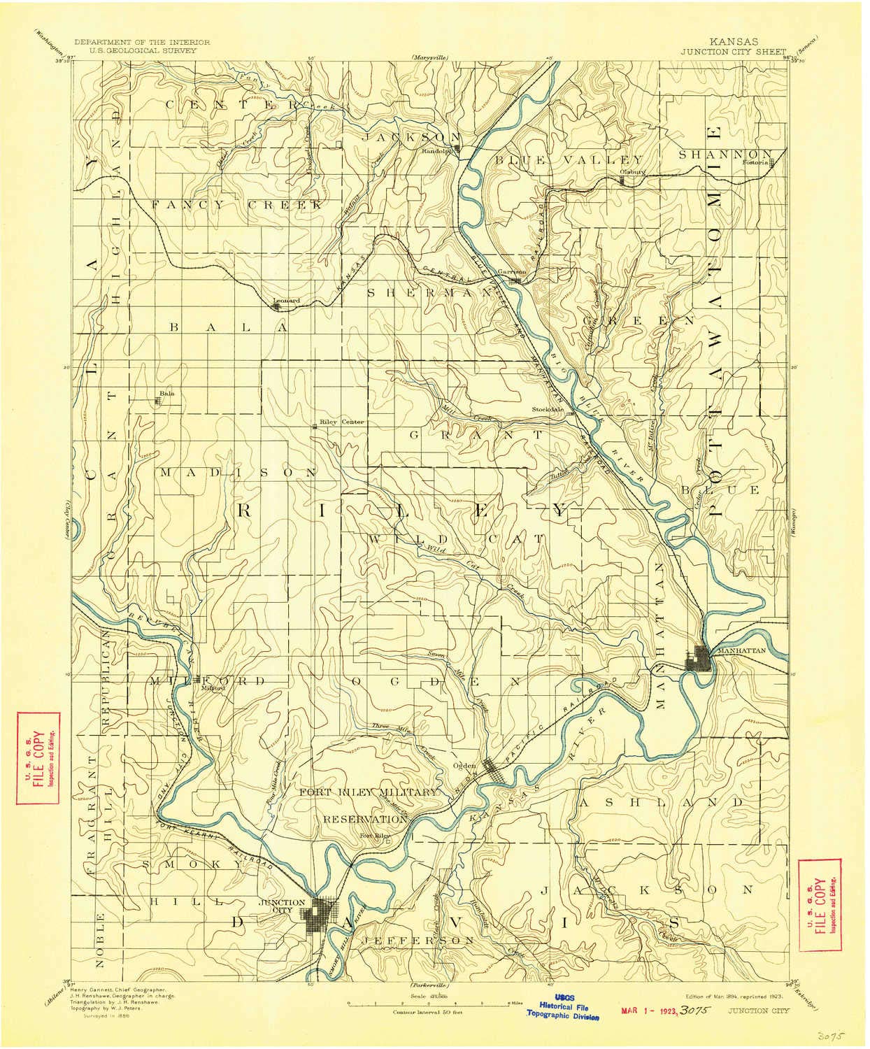 YellowMaps Junction City KS topo map, 1:125000 Scale, 30 X 30 Minute, Historical, 1894, Updated 1923, 19.92 x 16.52 in