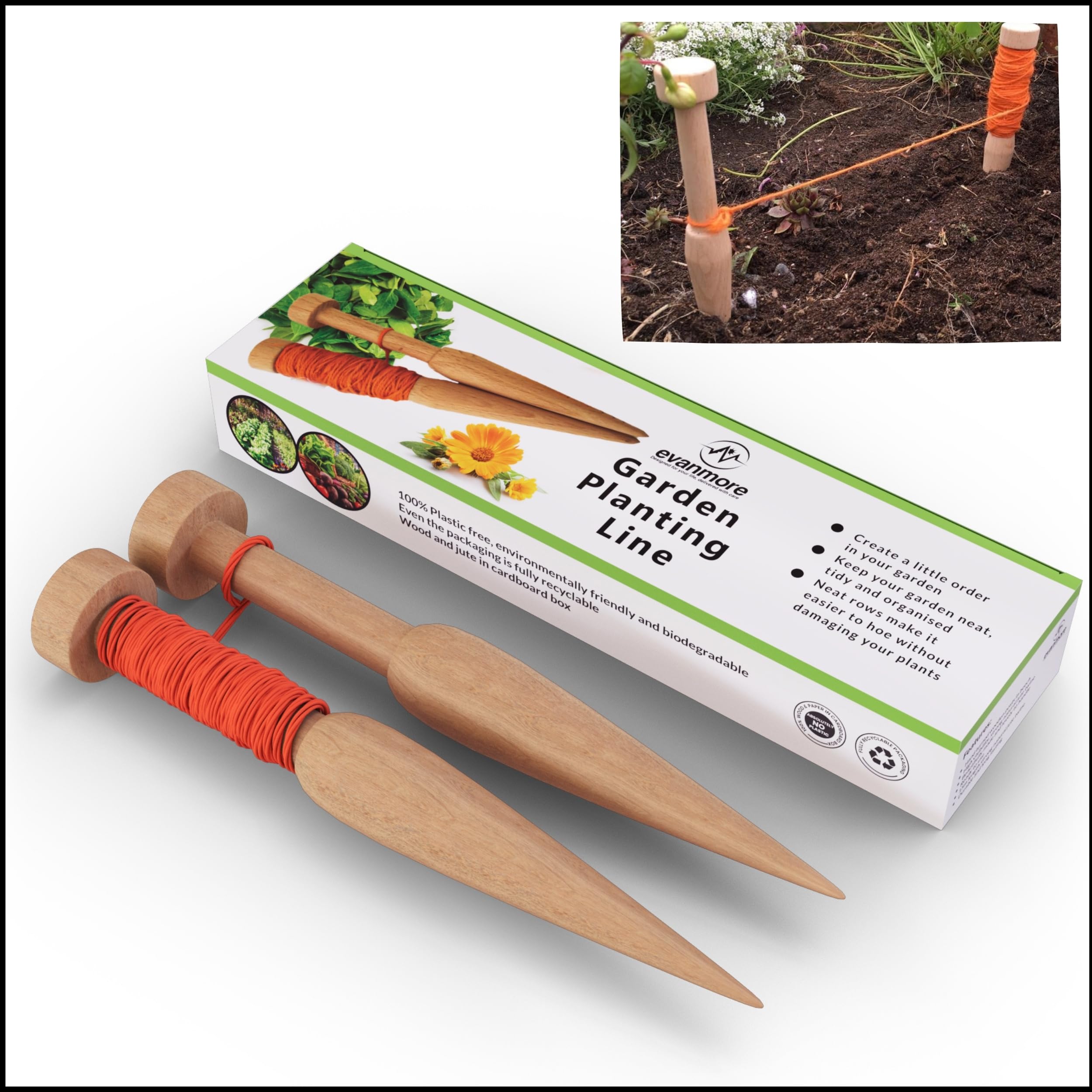 Garden Planting Line Wooden Row Marker 15m Wood Gardening Allotment Plant Lines Twine Cord Pegs Pins Gift Box Set