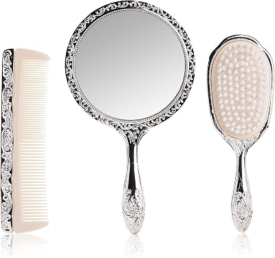 Kingsley 3 pc Silver Chrome Girls Vanity Set Brush Comb Mirror Dresser Mount
