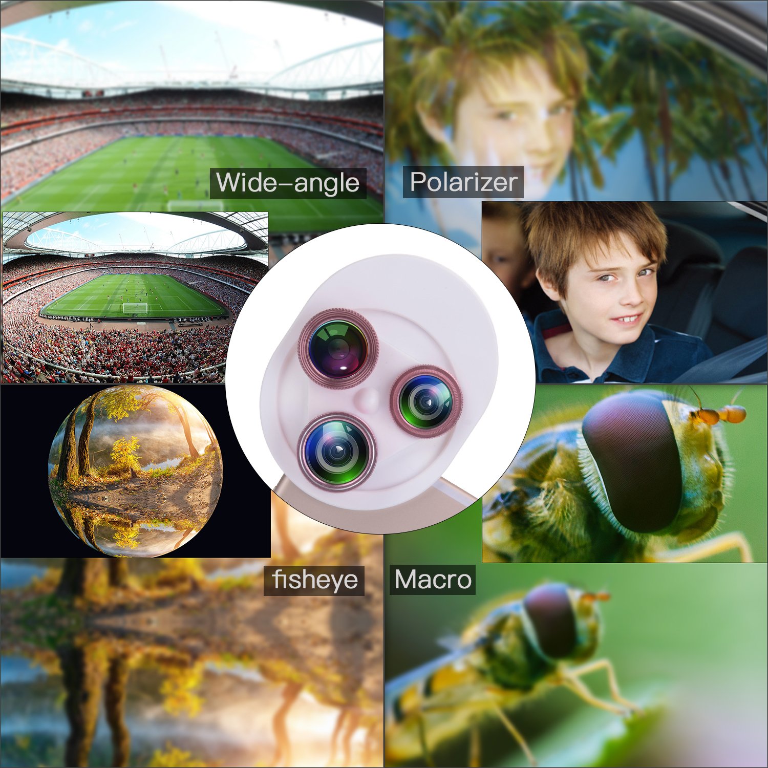Cell Phone Camera Lens, YELIN 4 in 1 Phone Camera Lens, 198°Fisheye Lens 15X Macro Lens 0.63X Wide Angle Lens CPL Lens Universal Clip-on Camera Lens Kit for iPhone Samsung etc. (Pink & White)